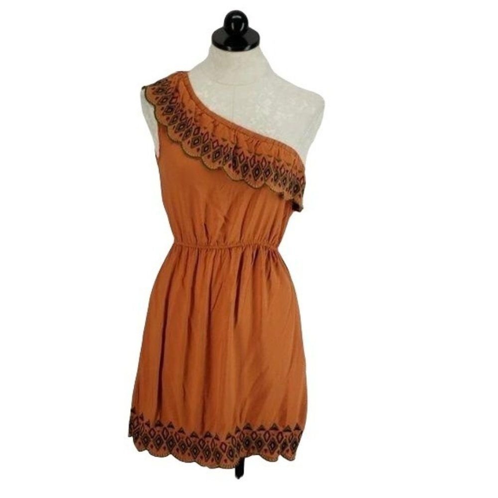 Edge Burnt Orange One Shoulder Aztec Design Dress