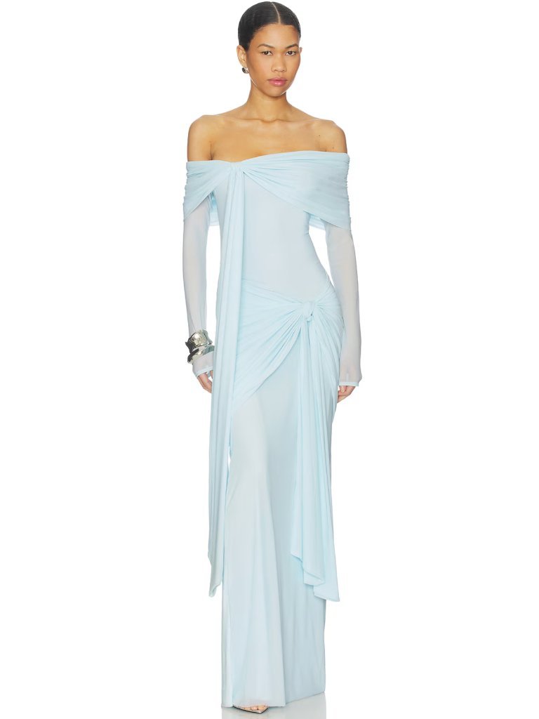 Deme By Gabriella Heloise Maxi Dress In Baby Blue Long Sleeve Off Shoulder Gown