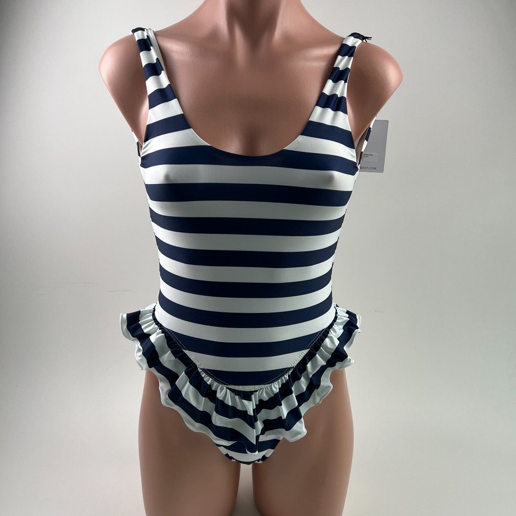 Beach Riot Willow One Piece Stripe W/Ruffle Swimsuit Blue/White Size S Nwt