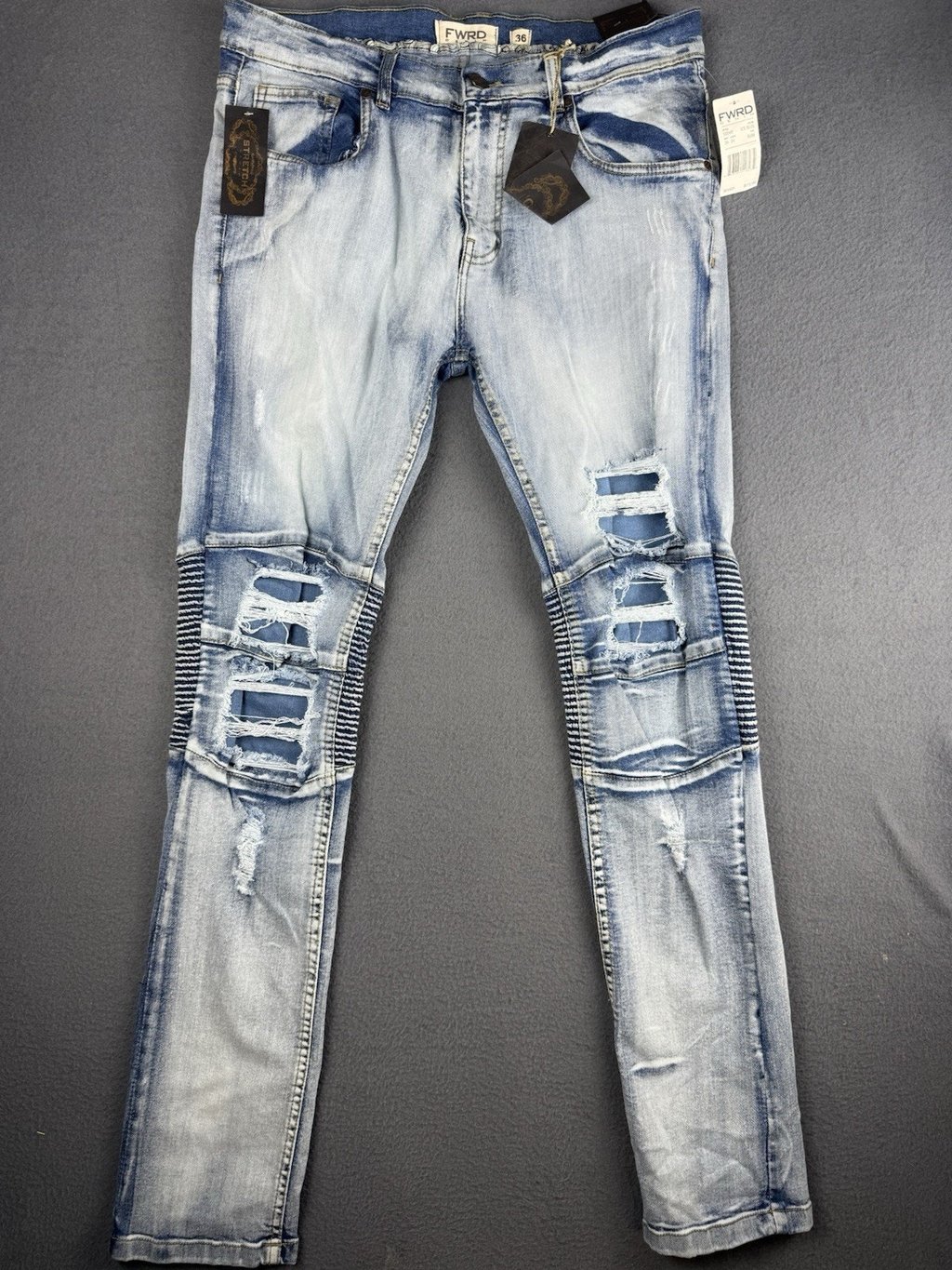 Nwt Fwrd Denim Jeans Mens Size 36 Blue Multi Distressed Denim Biker Moto