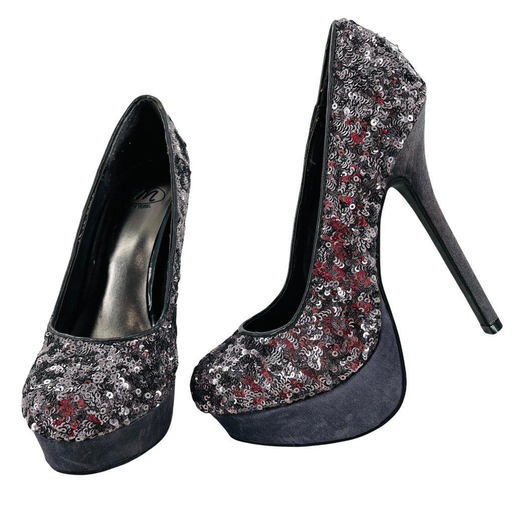 Sm New York Carrie Women's Heels 6 Gray Satin Sequin Platform Stiletto Pumps