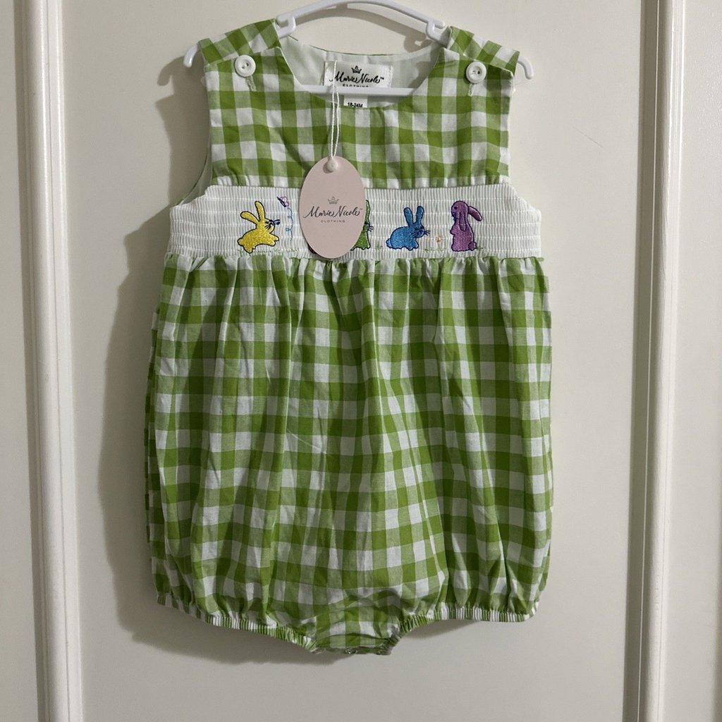 Marie Nicole Nwt 18-24 Months Green Gingham Bunny Bubble Romper Baby