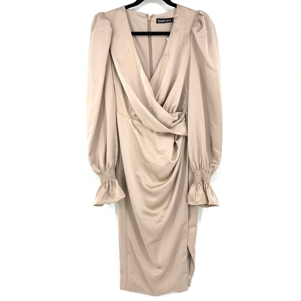 Lavish Alice Women's Size 2 Satin Balloon Sleeve Wrap Midi Dress Champagne New