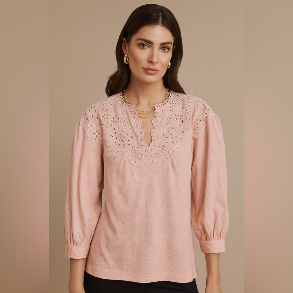 La Vie Rebecca Taylor Pink Long Sleeve Textured Eyelet Yoke Jersey Blouse Top