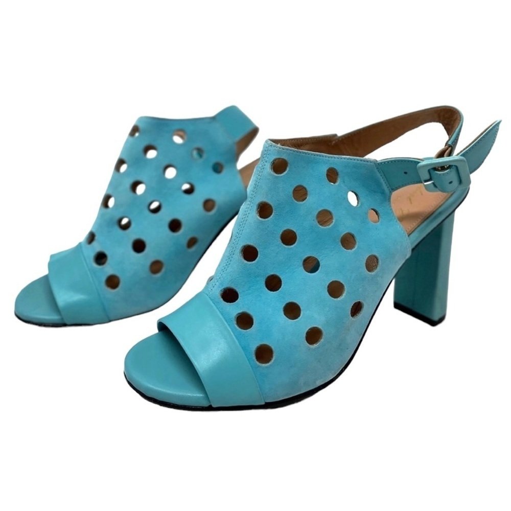 Robert Clergerie Designer Blue Suede Perforated Open Toe Heels Sz 38