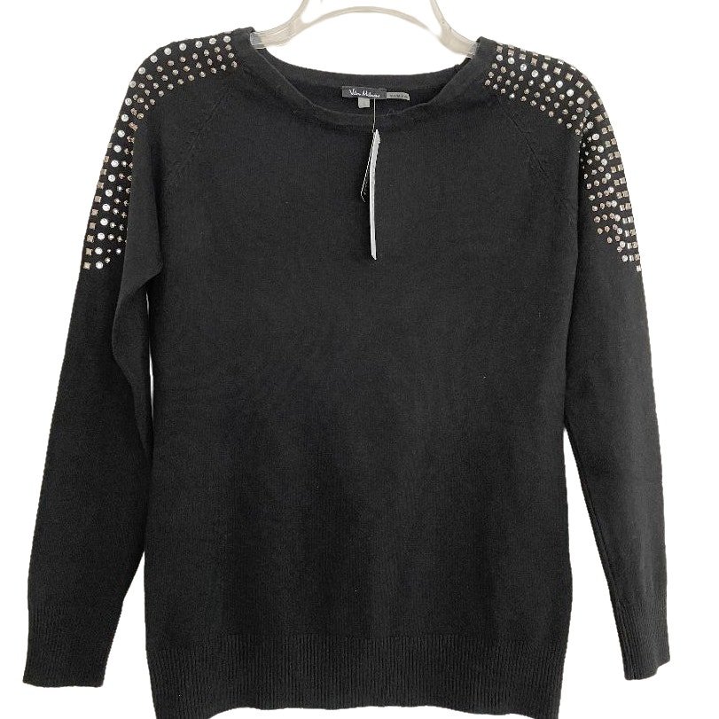 Vita Milano Women Black Rhinestones Shoulder Long Sleeve Sweater Top Size L