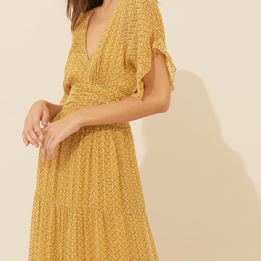 Ba&Sh Mustard Chevron-Print Maxi Dress