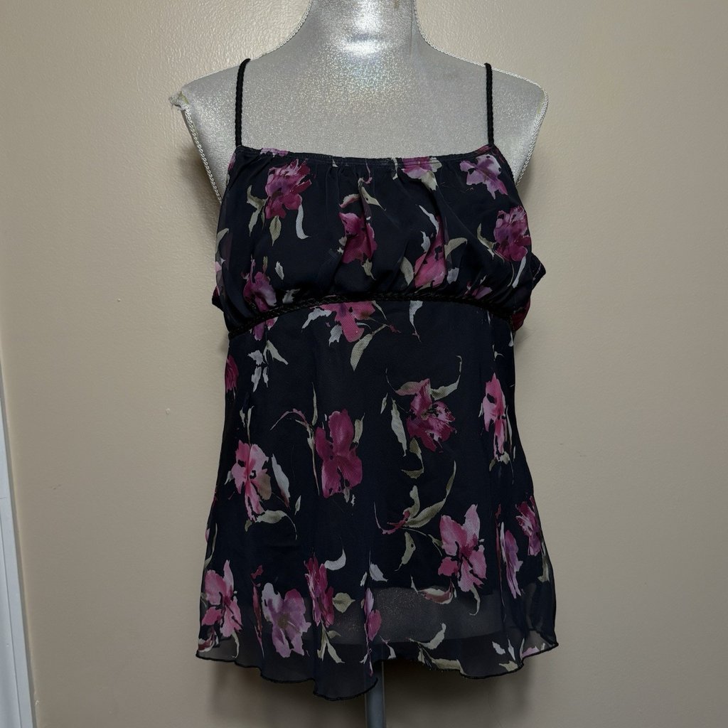 Fahion Bug Womens Floral Black Chiffon Tank Top Baby Doll Xl Braided Straps Goth