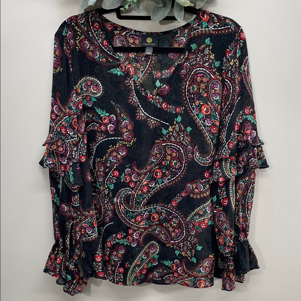 Nwot Jm Collection Ruffle Long Sleeve Floral Paisley V-Neck Blouse L