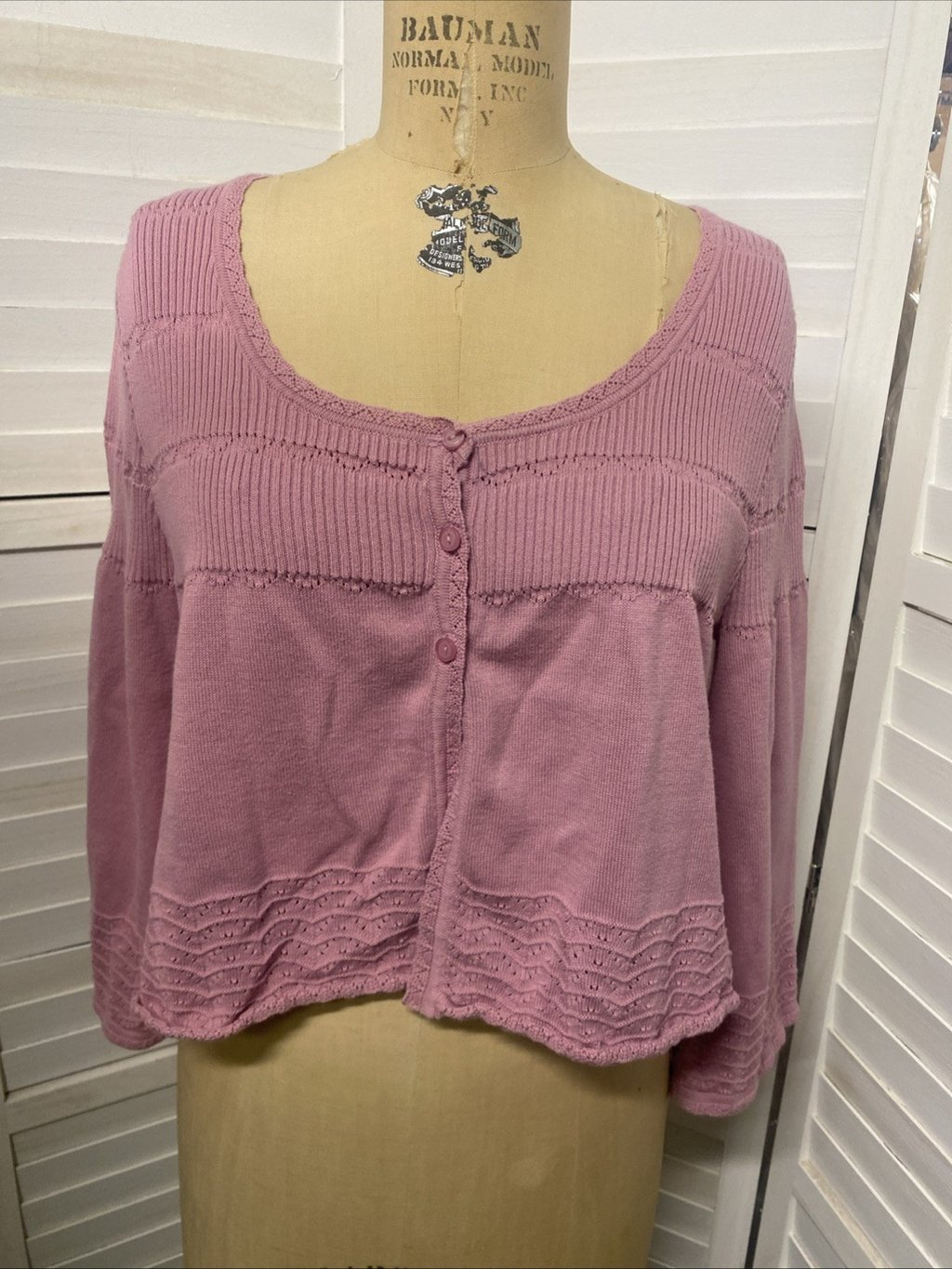 Tara Ryan Vintage 100% Mauve Cotton Button Front Sweater Shrug Cardigan X-Large