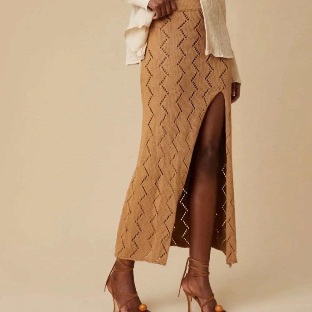 Savannah Morrow Lauryn Skirt Almond Cotton Knit Midi Nwt Xs