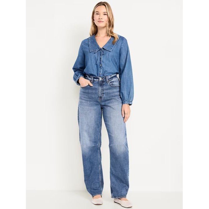 Old Navy Barrel Jeans Womens 16 Petite Blue Medium Wash Stretch New