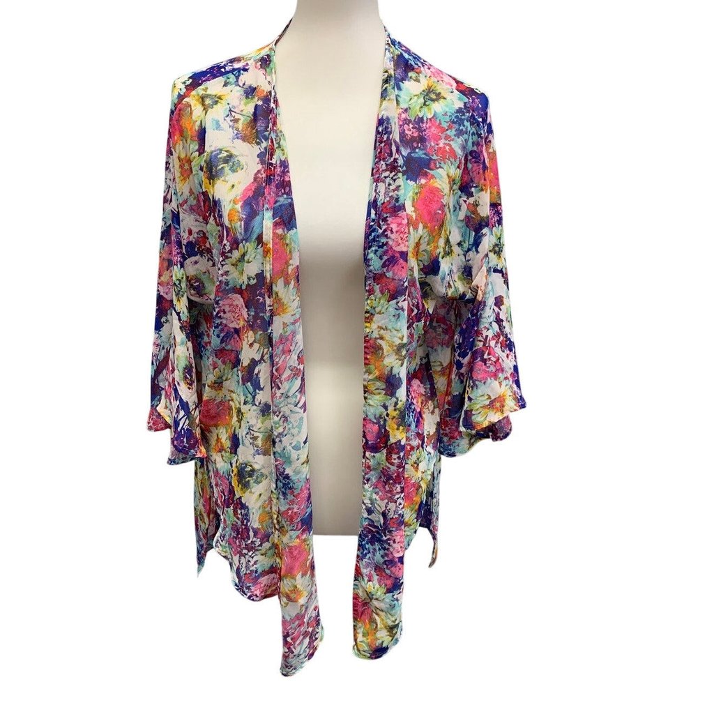 Mod Womens Medium Bright Floral Lightweight Flowy Front Tie Long Sleeve Coverup