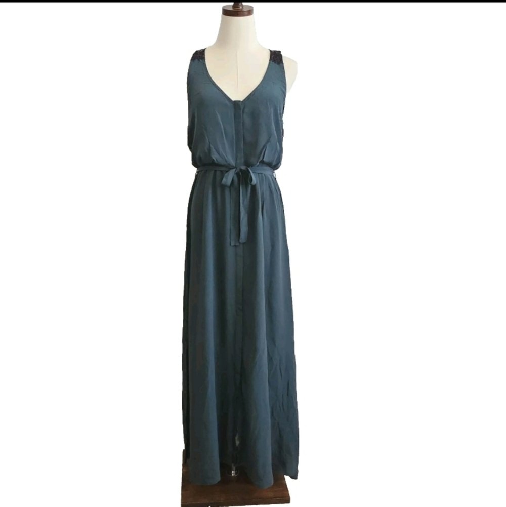 Madison Marcus 100% Silk Blue Green Teal Small Simple Party Evening Maxi Dress
