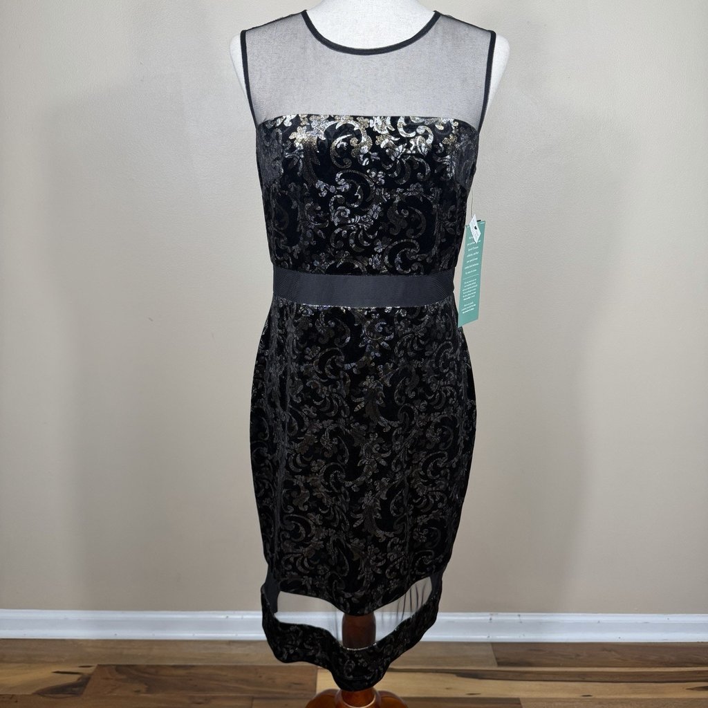 Scarlett Women’s 8 Black Velvet Mesh Illusion Midi Cocktail Dress Nwt Read