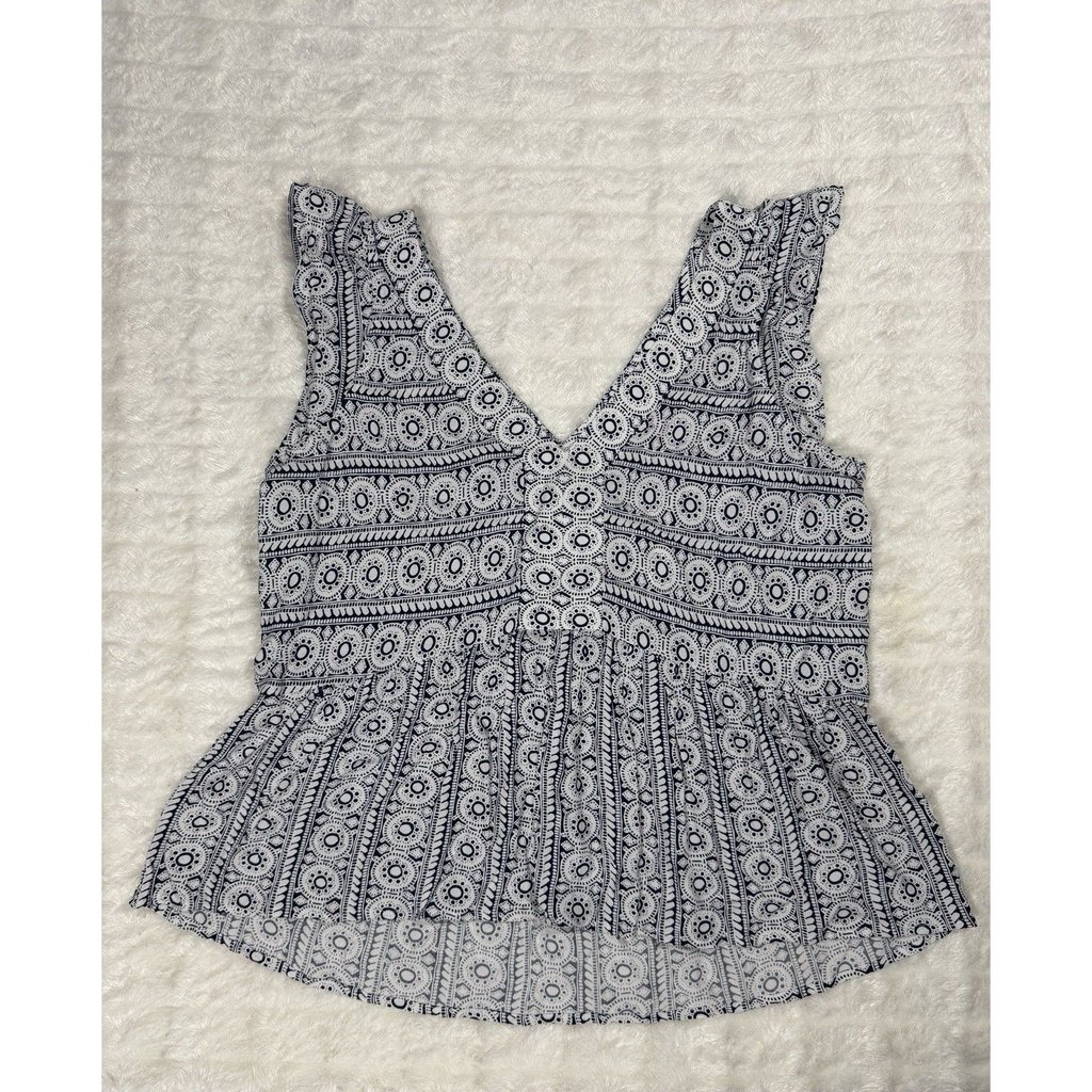 Loft Top Women S Navy White Medallion Peplum Nwt Coastal Preppy Boho Y2k