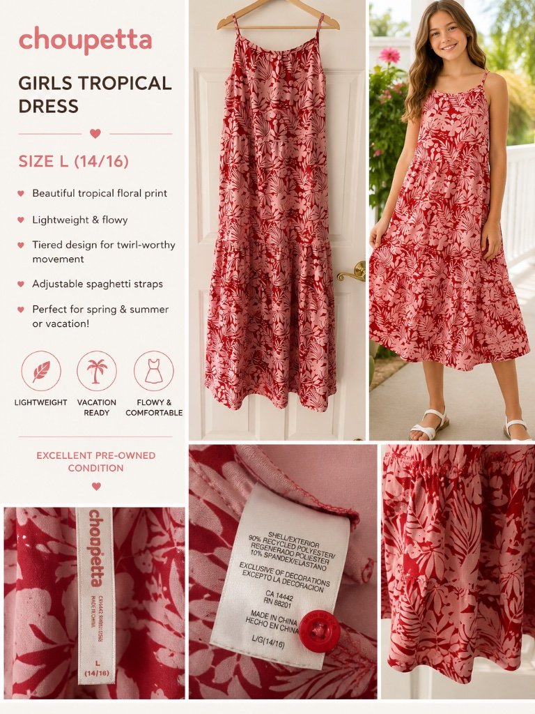 Choupetta Girls Tropical Maxi Dress Pink Red Floral Size L 14/16