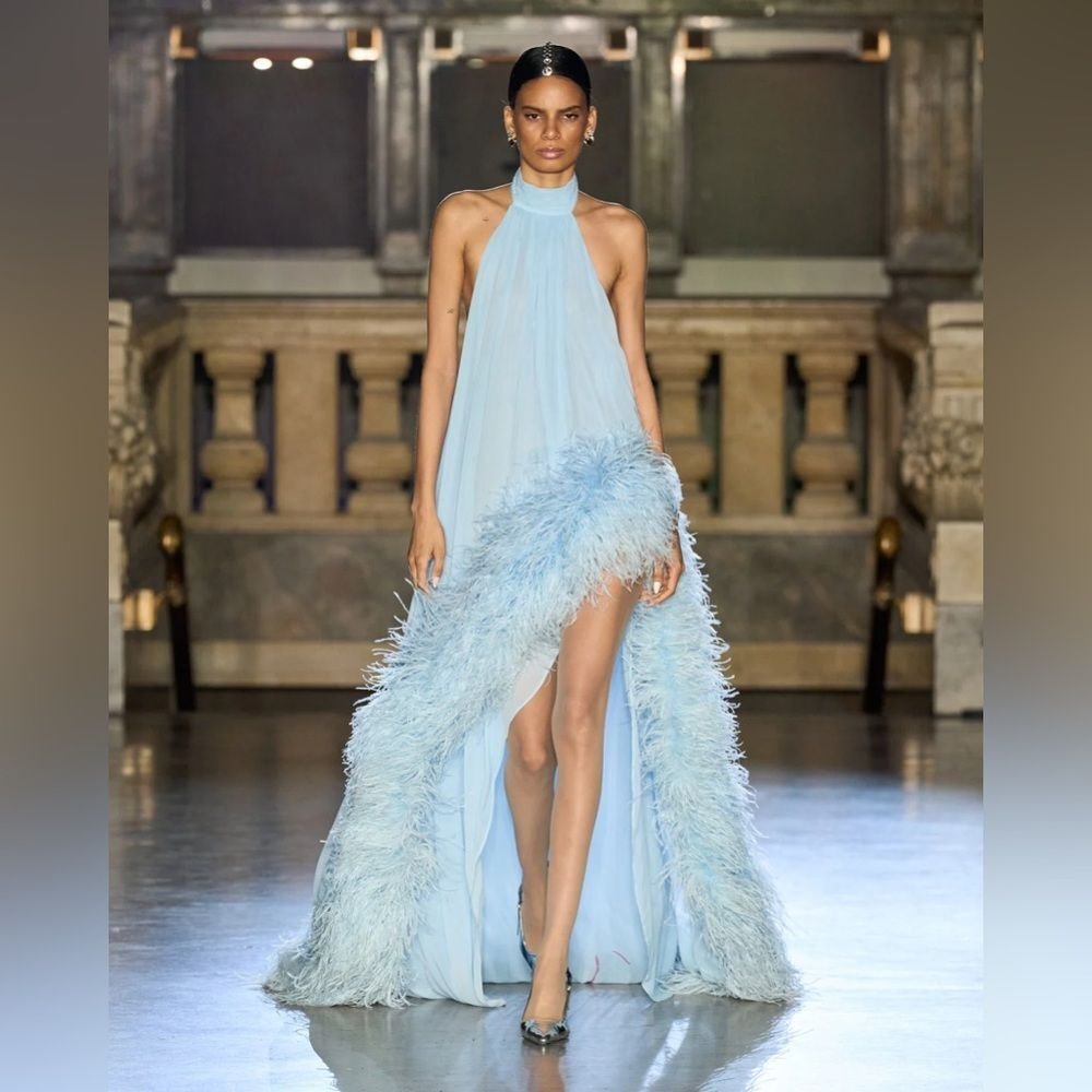New Bronx And Banco Madeline Halterneck Gown In Powder Blue Feathered Max Dress
