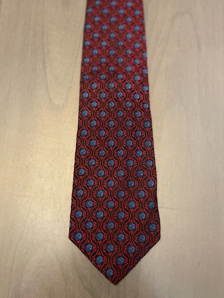 Classic Vintage Faberge Silk Tie - Geometric Red & Blue Pattern; Handmade In Usa