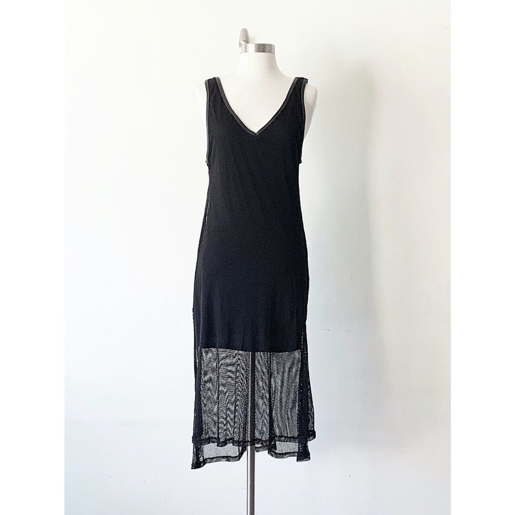 Black And Greige Mesh Midi Black Dress W/Side Slits