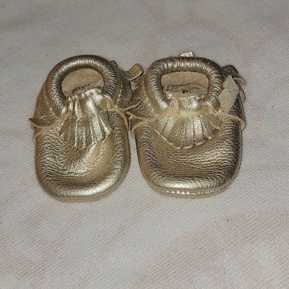 Freshly Picked Metallic Gold Soft Leather Moccasins Shoes Baby Infant Size 1