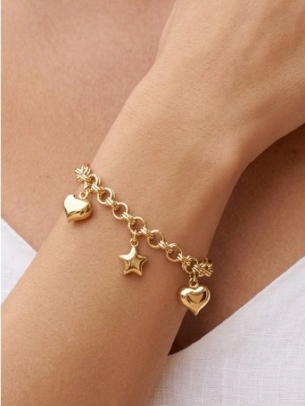 14k Gold Plated Heart & Star Charm Link Bracelet | Dainty Charm Jewelry