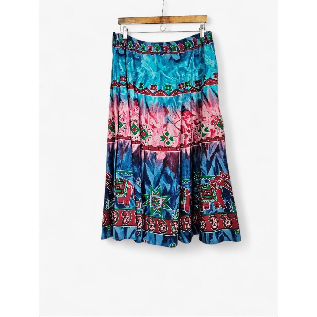 Vintage Moka Sport Batik Dyed Beaded Sequined Elephant Boho Cotton Midi Skirt L