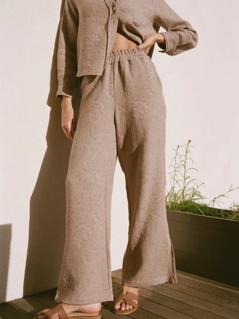 New Daise Floral Wide Leg Pants In Clay/Beige Upf 50+ Sun Protection