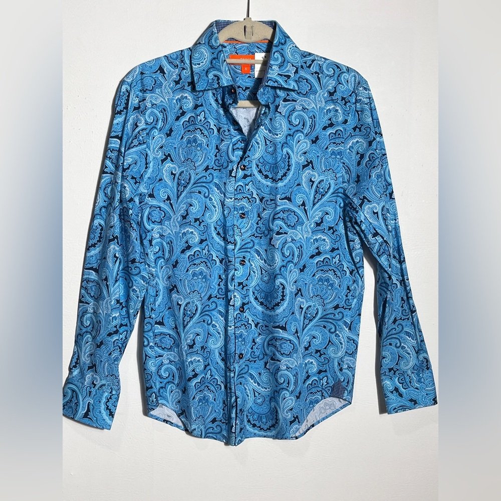 Tallia Blue And Black Paisley Slim Fit Men's Botton Up Shirt Small