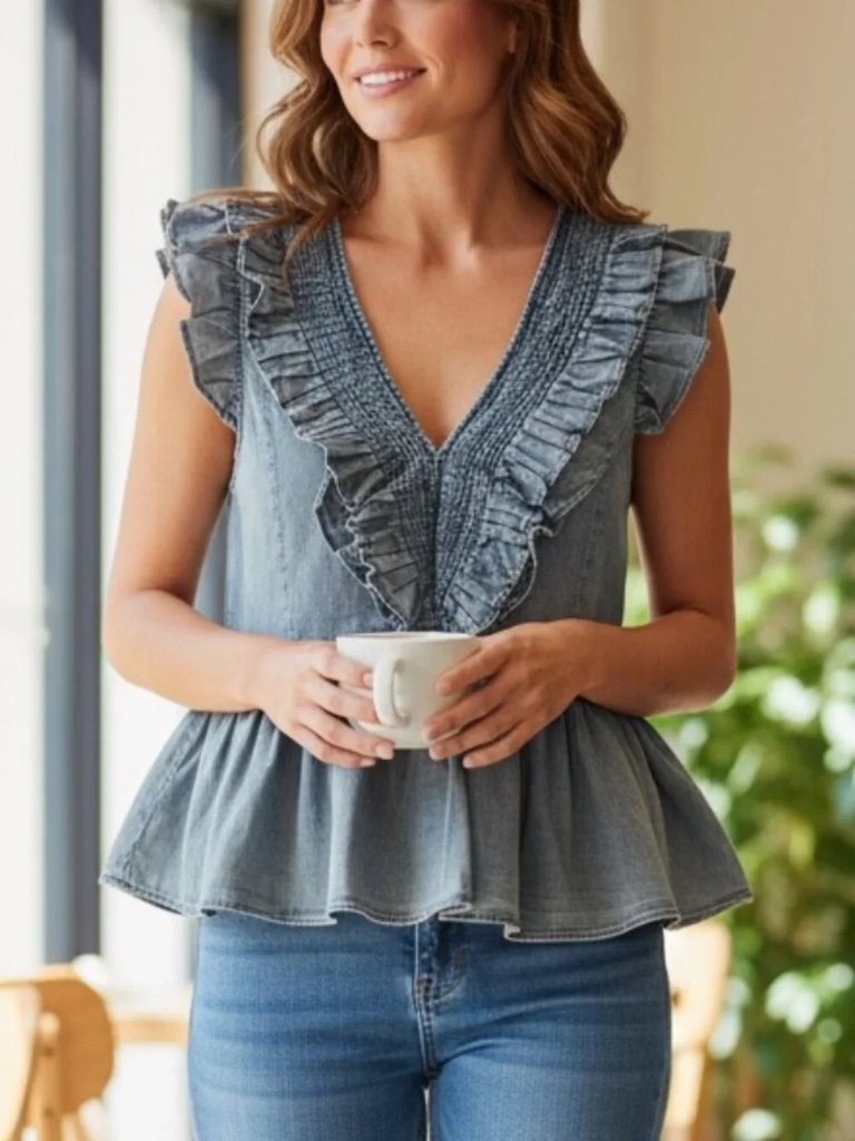 Mare Mare X Anthro Ruffle Trimmed Cap-Sleeve Chambray Top Euc/Sz M