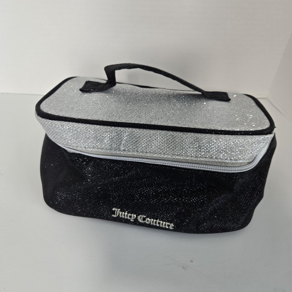 Juicy Couture Black Velvet Glitter Makeup Cosmetic Train Case Travel Bag Zip