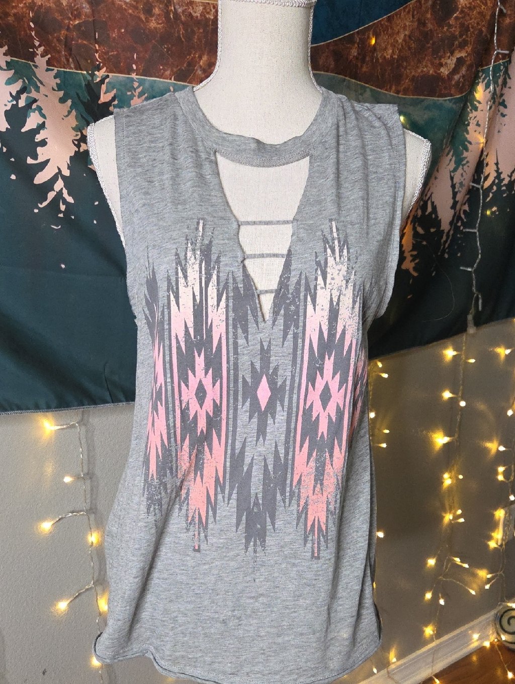 White Crow Grey Tank Top With Pink Aztec Print Size M