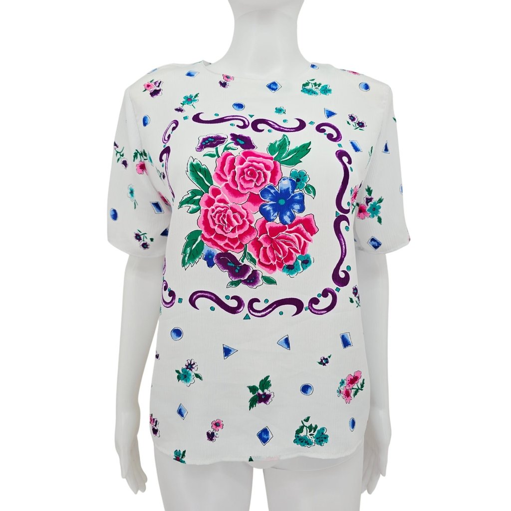 Gianna Women's 80s Keyhole Short Sleeve Top White Blue S