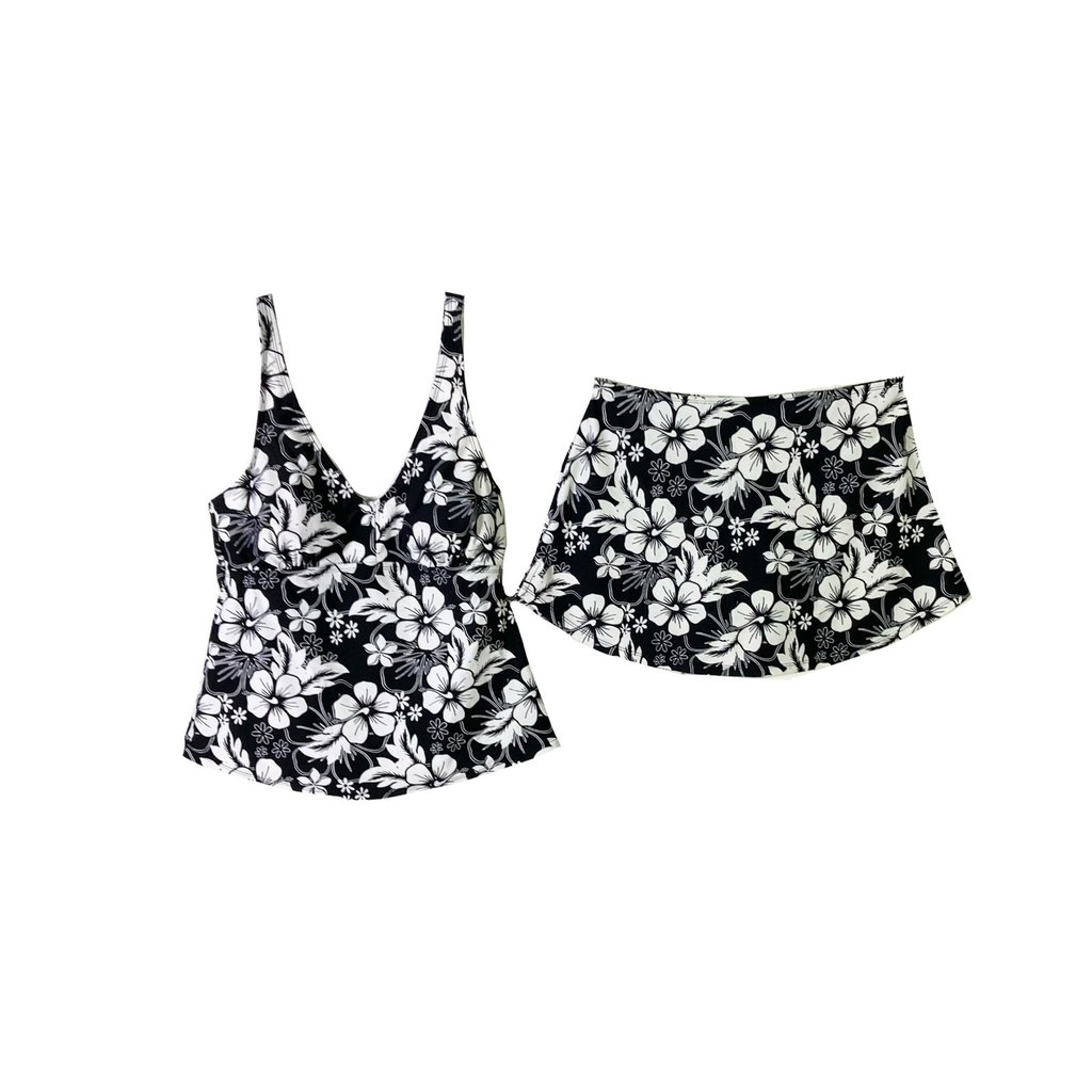Nwot Ingear Swim Set Sz 10 Floral Black White Hibiscus Adjust Strap Padded Skirt