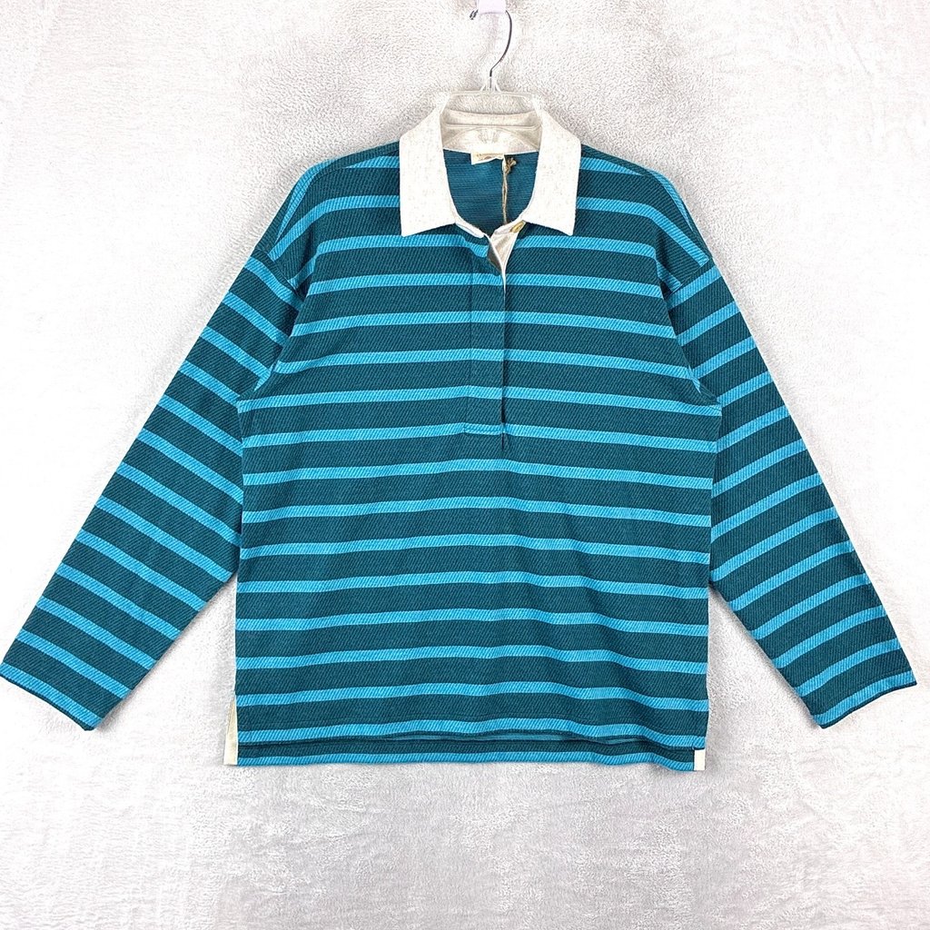 Faherty Rugby Sweater Womens M Blue Green Stripe Legend Popover Preppy Academia