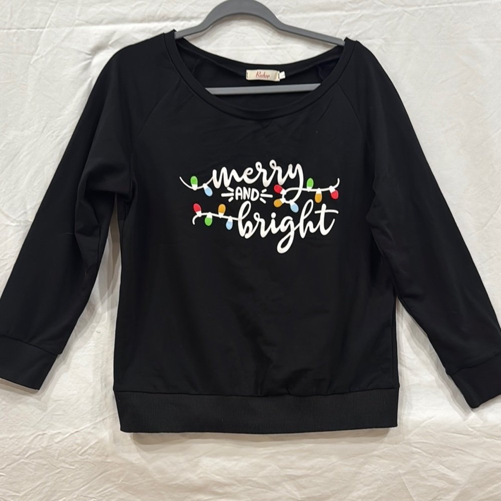 Black Sweatshirt With Merry & Bright Print For The Holidays