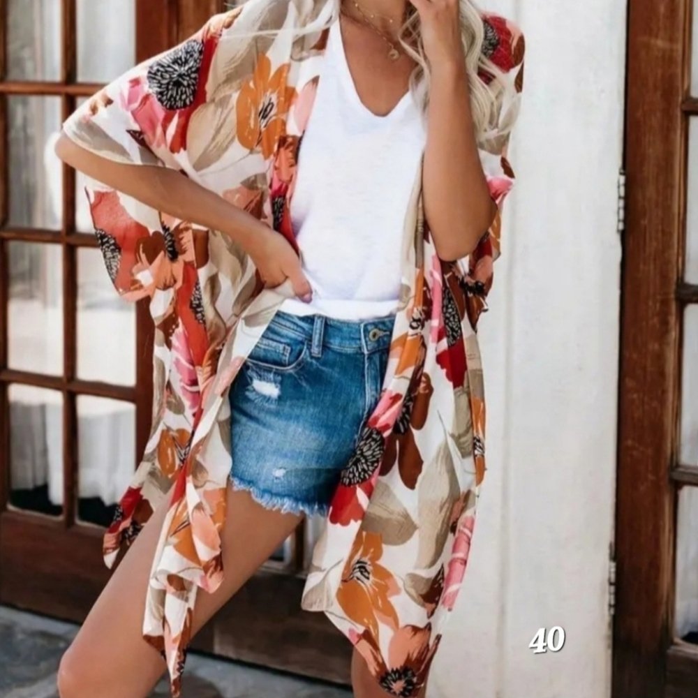 Gorgeous Floral Print V Neck Chiffon Blouse / Cover Up.