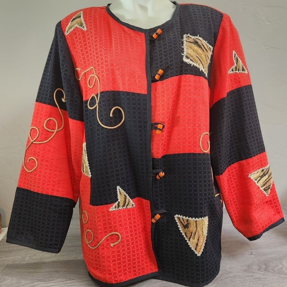 Allure Red Black Jacket Size 1x Artistic Soutache Patchwork Toggle Artistic