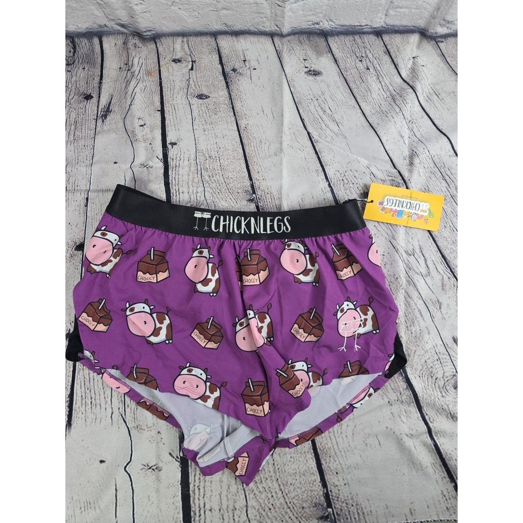 Chicknlegs Men's Medium Purple Choccy Cows 2” Half Split Shorts