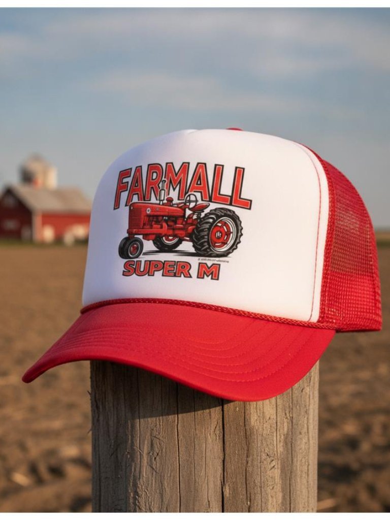 Retro Farmall Super M Trucker Hat Vintage Tractor Foam Snapback Red Farming Cap