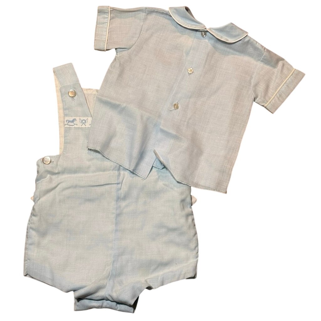 Vtg C.I. Castro Baby Boy Blue Rocking Horse Shortall Peter Pan Bobby Suit 12 Mos