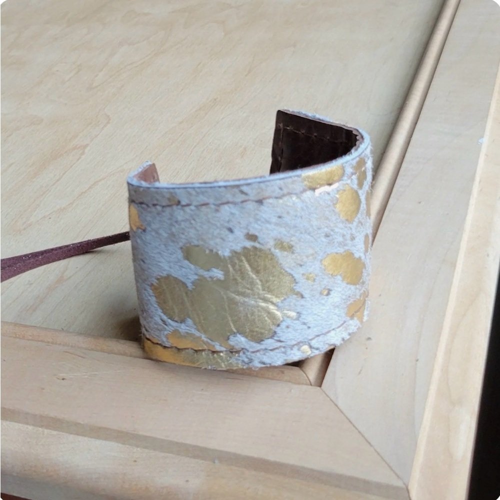 Wide Leather Cuff With Cowhide And Gold Nwt Just Under 2” Wide.