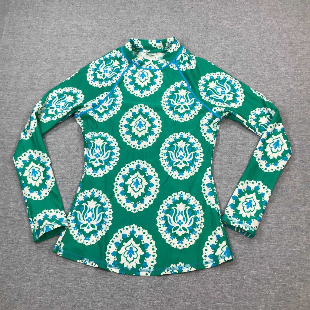Boden Womens 2 Rash Guard Long Sleeve Swim Sun Top Green White Tile Print F2
