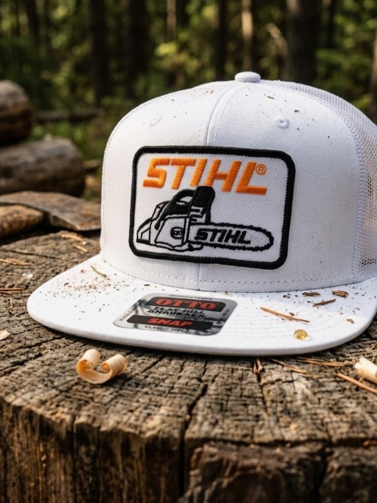 Retro Chainsaw Power Tool Trucker Hat Orange Logging Machine Otto Cap White