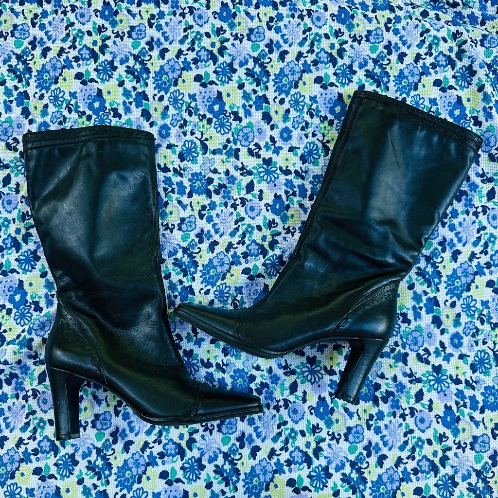Naturalizer Black Leather Mid Calf Pointed Toe Heeled Boots 7.5n Narrow