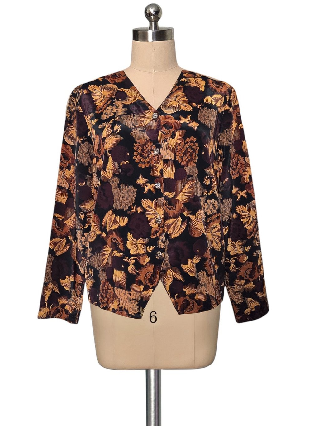 Vintage 80's 90's Truffles Brown Print Silver Button Blouse Top P S