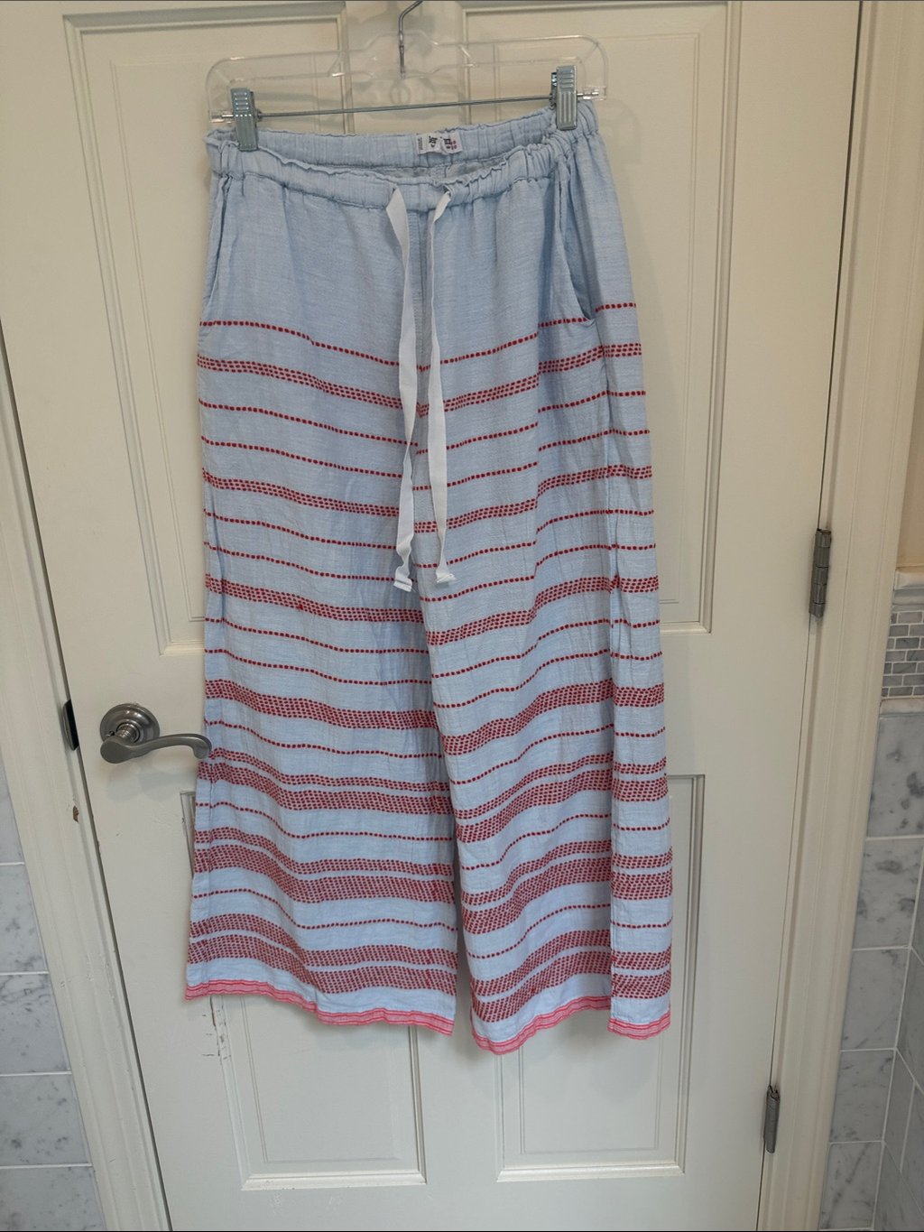 Light Blue Drawstring Wide-Leg Knit Pants With Red Stripes