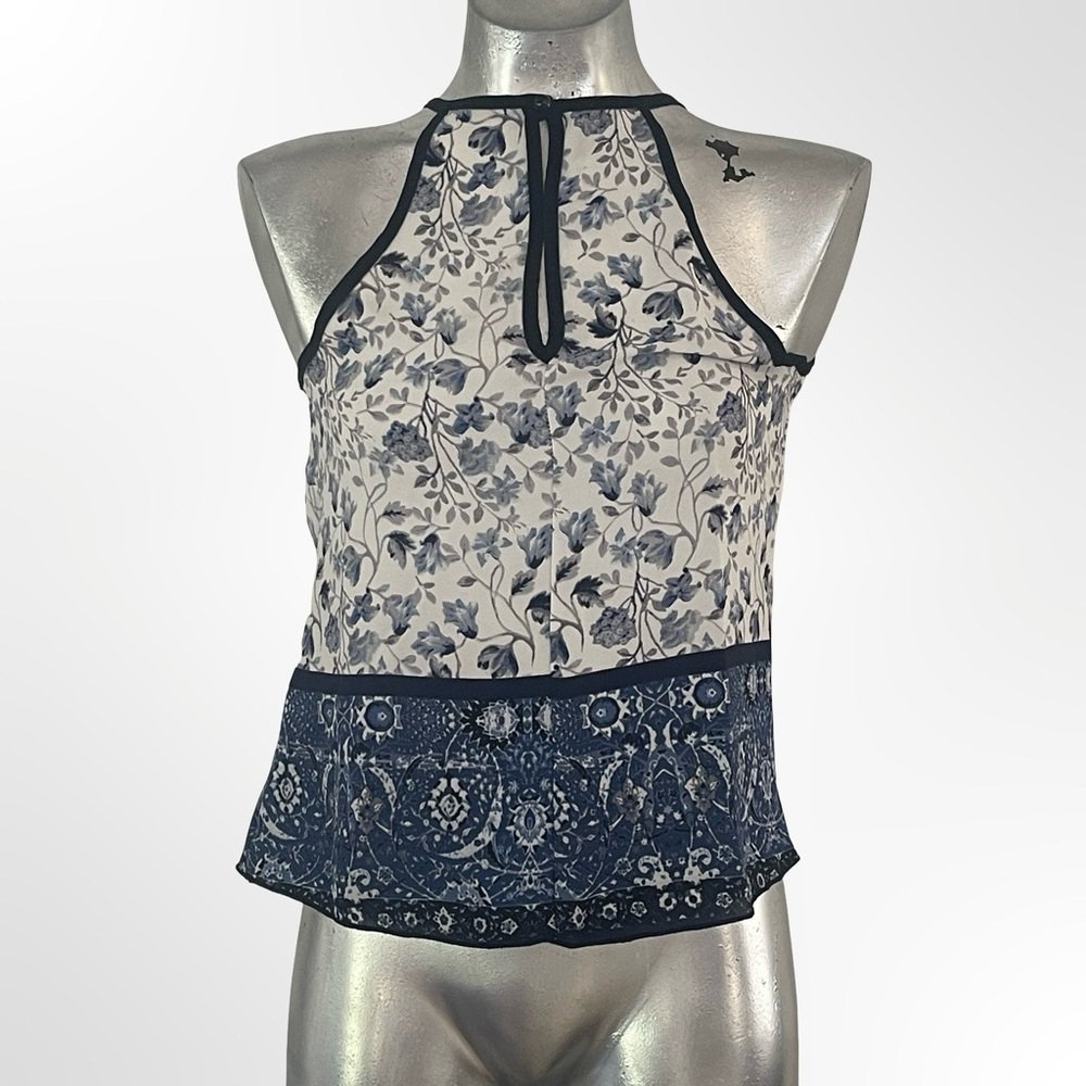 Olive Tree Floral Halter Peplum Top In Navy And White Size S