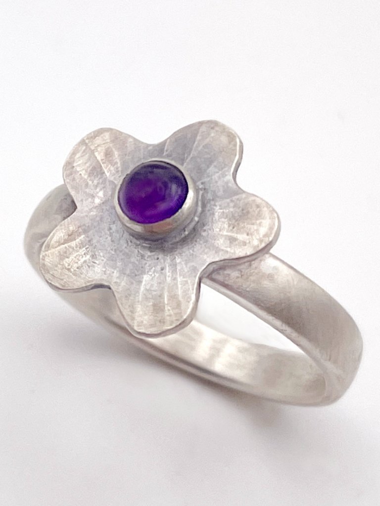 Sterling Silver 925 Flower Ring With Amethyst, Size 7 1/4, Artisan Made
