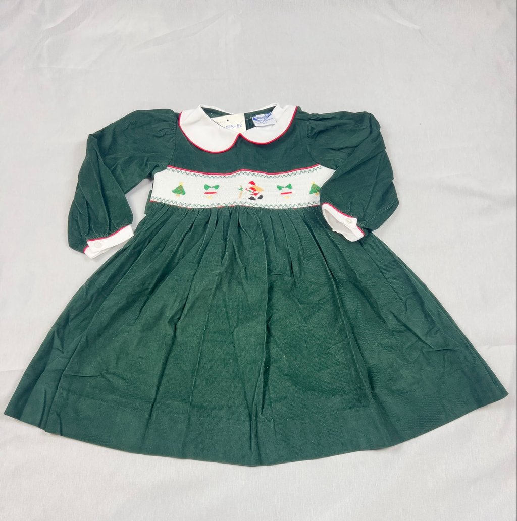 Vintage Nwt Carriage Boutiques 2t Green Christmas Smocked Corduroy Dress Santa